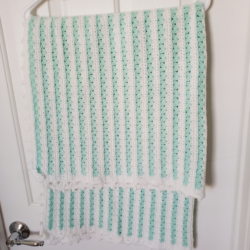 Hand crocheted mint green and white baby blanket new condition hand made